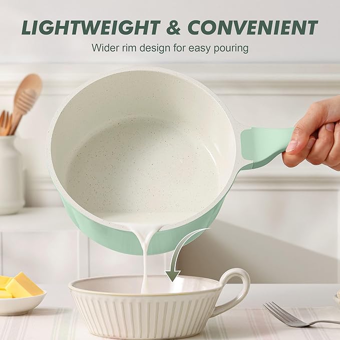 SENSARTE White Ceramic Nonstick Saucepan with Lid 2.5 Quarts, Medium Cooking Pot with Stay Cool Handle, Induction Compatible Saucepot, White Granite Coating, Free of Intentionally Added PTFE/PFOA/PFAS
