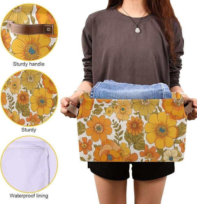 Aslsiy Storage Basket Vintage 70s Style Flowers Nursery Bins Baby Box Canvas Clothes Shelf Basket Laundry Hamper Gift Baskets for Home Closet 1 Pcs