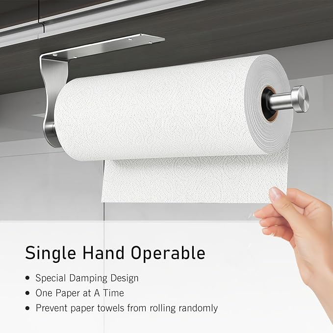 SetSail Paper Towel Holder, Paper Towel Holder Under Cabinet with Adjustable Damper Easy Tear Wall Mount Self-Adhesive or Drilled for Kitchen Bathroom, Silver