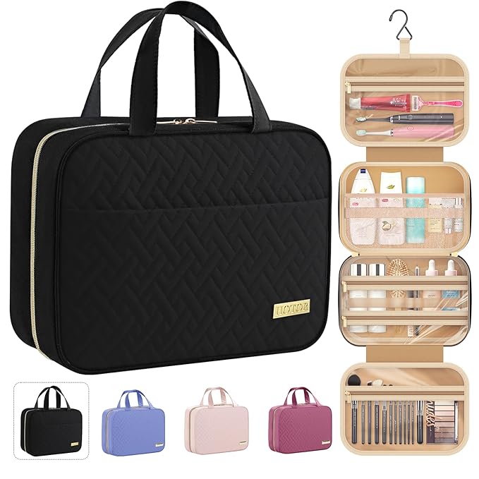 HOTOR Travel Toiletry Bag - Hanging Toiletry Bag for Women & Men, Makeup Bag/Big Compartment, Waterproof for Travel Accessories, Travel Essentials, Medium, Black