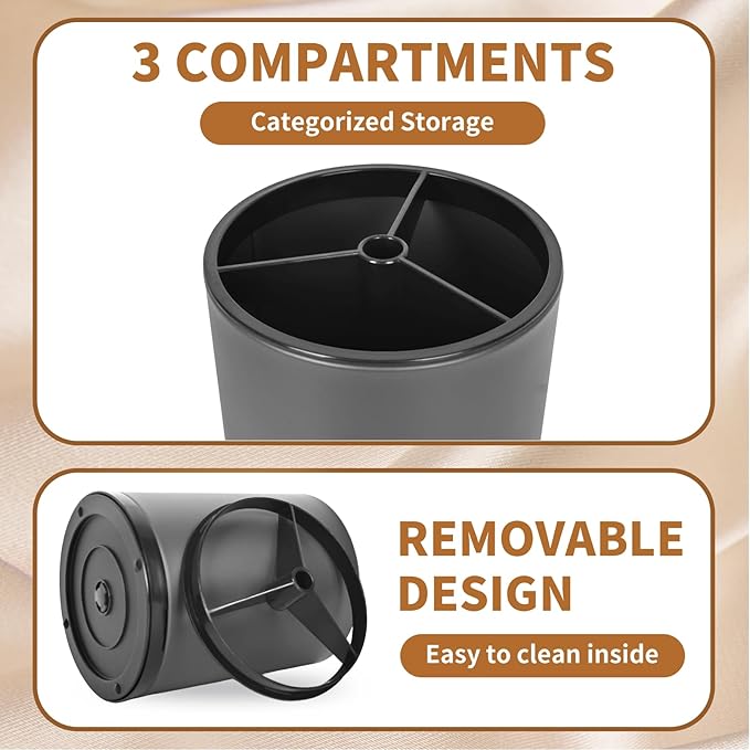 Extra Large Kitchen Utensil Holder - 360° Rotating Stainless Steel Cooking Utensil Holder for Countertop, 3 Compartment Flatware Organizer & Utensil Caddy with Removable Base (Grey)