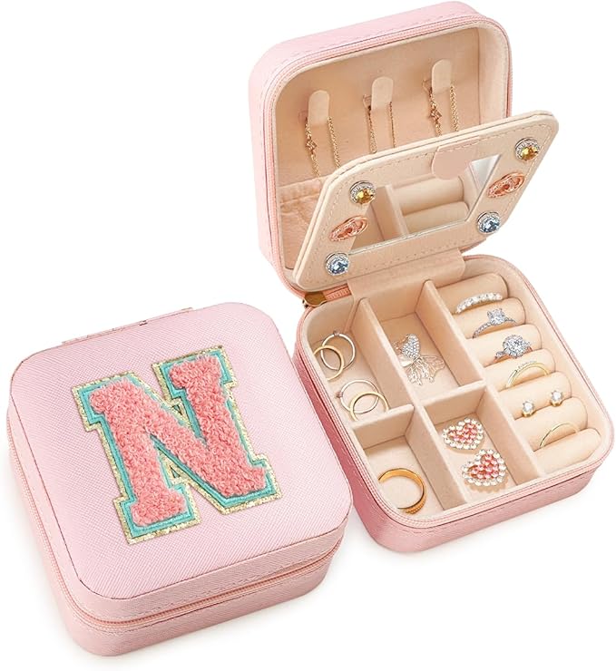 SANDJEST Personalized Jewelry Box, Pink Travel Jewelry Box with Initial N, Small Monogrammed Jewelry Case Organizer for Girls Women Teen Kids, Mini Travel Essentials Gifts for Birthday Christmas