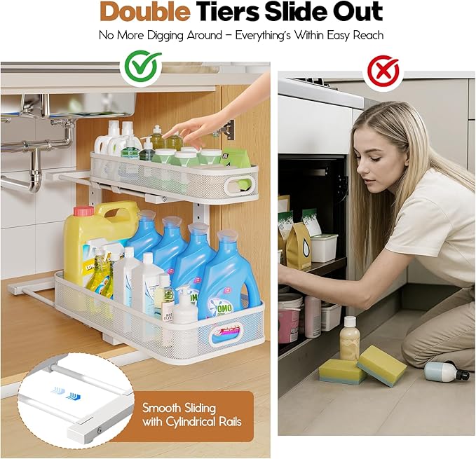 Biboraya 2 Pack 19.3IN-Depth Under Sink Organizer with Smooth Cylindrical Rail, 2-Tier Pull Out Multi-Purpose Cabinet Storage for Bathroom & Kitchen, Height Adjustable, Rust-Resistant Coating - White