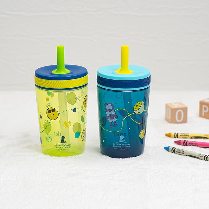 Zak Designs St. Jude Kelso Toddler Tumblers For Travel or At Home, 15oz 2-Pack Durable Plastic Sippy Cups With Leak-Proof Design is Perfect For Kids (Space and Smiles)
