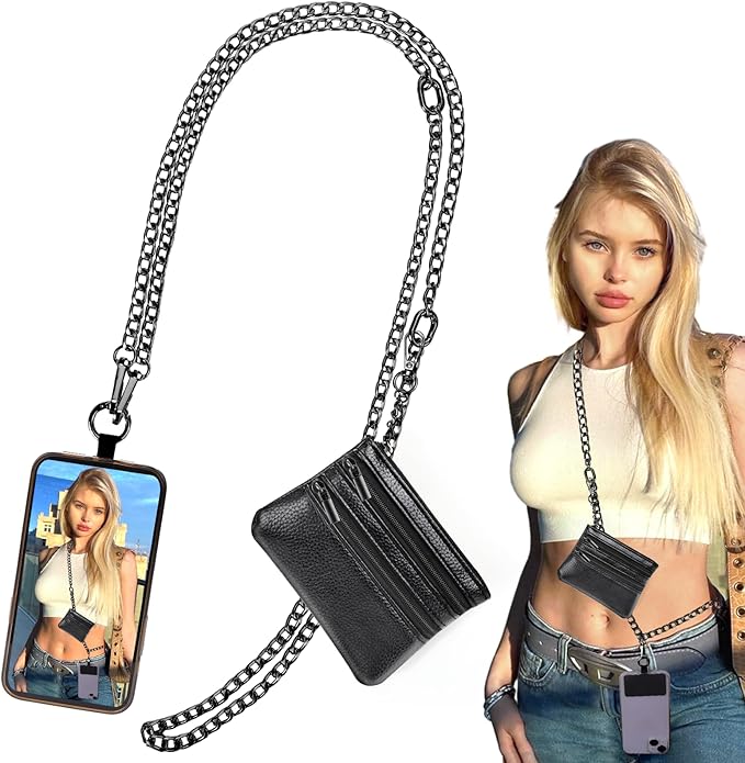 XANGNIER Clip and Go Strap for Phone with Wallet Crossbody, Phone Strap with Zippered Wallet, Adjustable Anti Theft Cellphone Lanyard for Women, Cellphone Chain Accessories, Chain Black