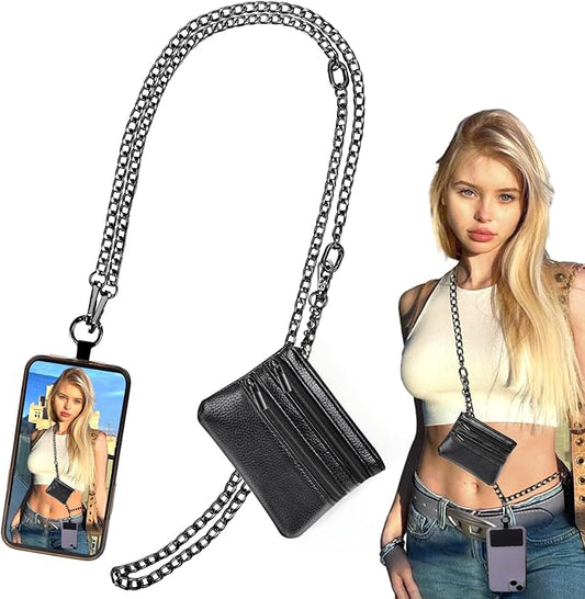 XANGNIER Clip and Go Strap for Phone with Wallet Crossbody, Phone Strap with Zippered Wallet, Adjustable Anti Theft Cellphone Lanyard for Women, Cellphone Chain Accessories, Chain Black