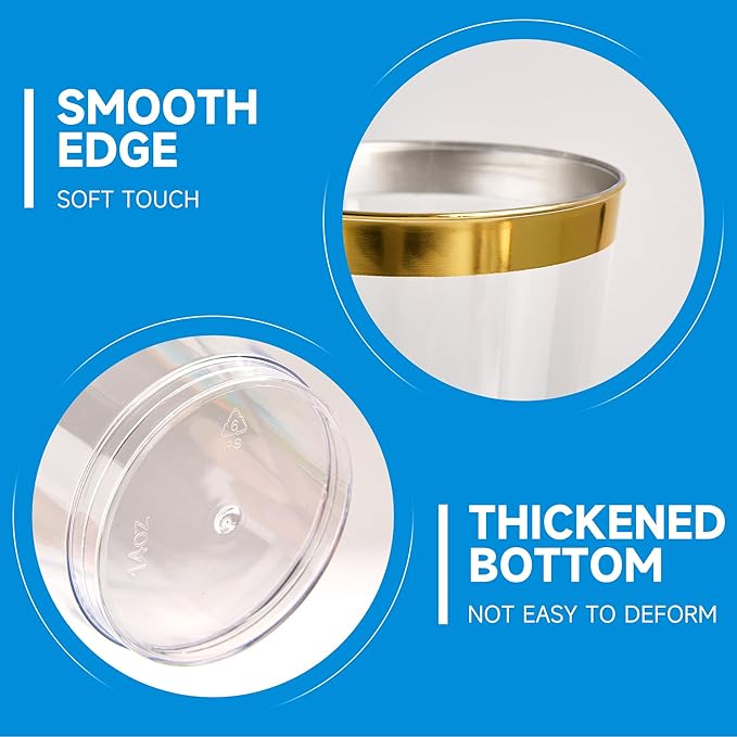 RACETOP 14 oz Disposable Plastic Cups with Gold Rim, Disposable Gold Rim Plastic Cups for Parties, Weddings, Gatherings, and Festival Events 100 Pack