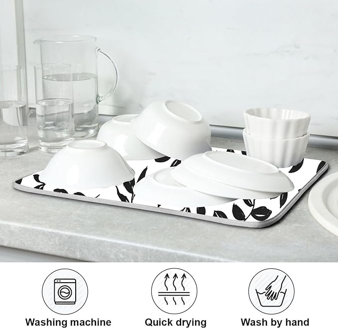 Eucalyptus Leaves Dish Drying Mat for Kitchen Countertop 18x24 Black White Floral Leaf Large Drying Mat Reusable Quick Dry Dish Sink Absorbent Mats Dishwasher Easy Clean Decorative Home Essentials