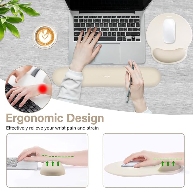 MOSISO Wrist Rest Support for Mouse Pad & Keyboard Set, Circle Curved Ergonomic Mousepad & Coaster with Non-Slip Base for Home/Office, Pain Relief & Easy Typing Pad with Soft Cloth & Silicone Lining, Khaki