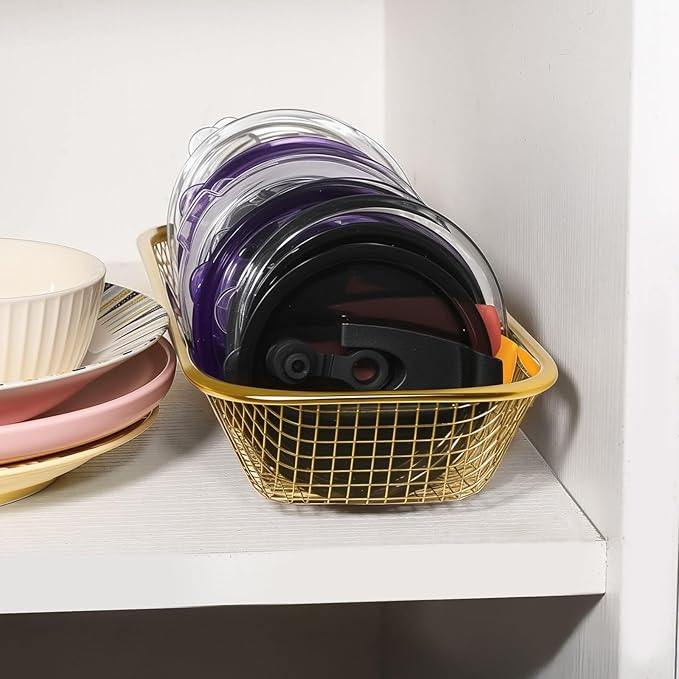 4Pack Stainless Steel Tumbler Cup Lid Organizer Inside Cabinet, Mason Jar Lid Holder, Rectangular Basket for Storage of Silverware, Chopsticks, straws and Utensils, Gold