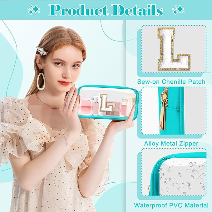 Personalized Initial Letter Clear Makeup Bag, Preppy Small Nylon & PVC Cosmetic Zipper Bag with Chenille Letter, Portable Beach Travel Skincare Toiletry Bag, Trendy Monogram Gift for Teen Girls Women, L