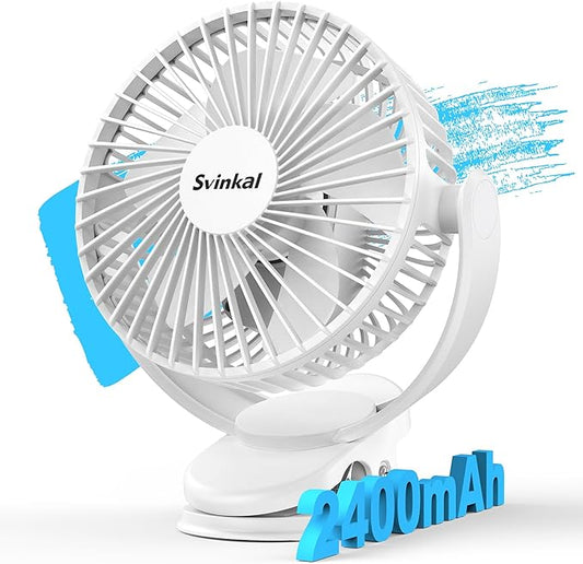 usb Personal Clip on Fan 2400mAh Battery Operated 6in, Type C, 3 Speed, 720 adjustment, Small Portable Fan for Table, Bedroom, Desk, dormitory, Camping, Stroller, Golf Cart