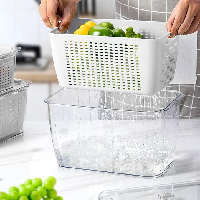 LUXEAR 4 Pack Fruit Vegetable Containers for Fridge, Produce Saver Container with Lids &Removable Colander BPA-free Refrigerator Storage Organizer for Fruit Vegetable, Berry, Meat keep Fresh Longer