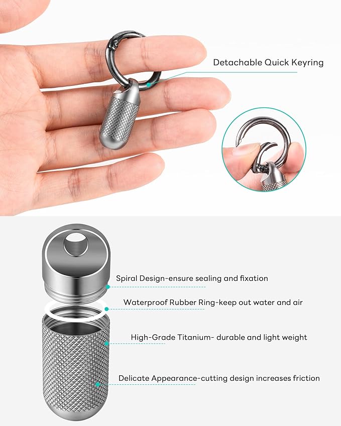 TISUR Titanium Keychain Pill Holder Small Metal Pill Case, Pill Organizer Portable Waterproof Pill Container, Travel Pill Bottle Box for Purse (Tiny-0.39inch)