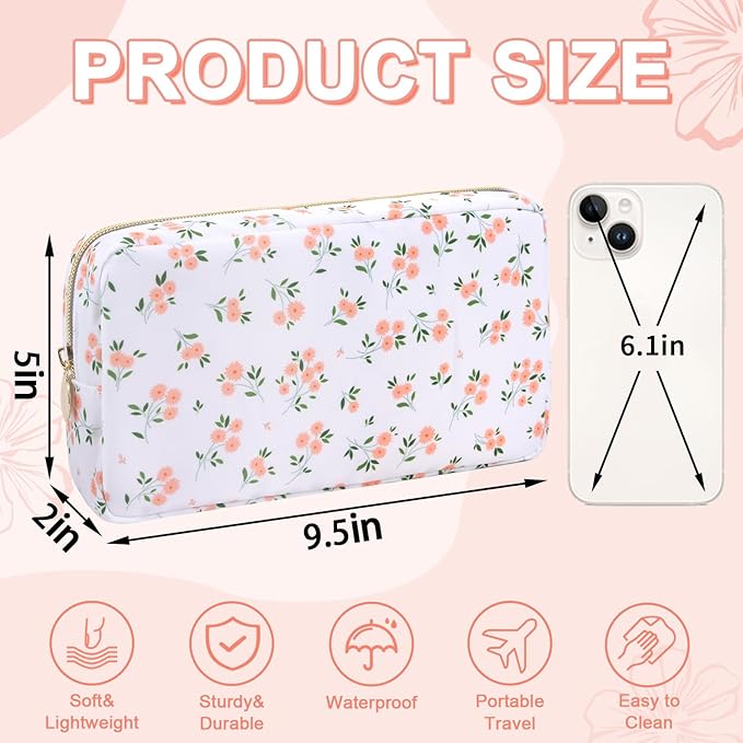 Waterproof Small Floral Makeup Bag Pouch for Purse,Nylon Flower Cosmetic Bag Preppy Travel Toiletry Storage Bag for Women Girl,Cute Makeup Organizer Bag Skincare Bag with Zipper(Small White-Flowers)