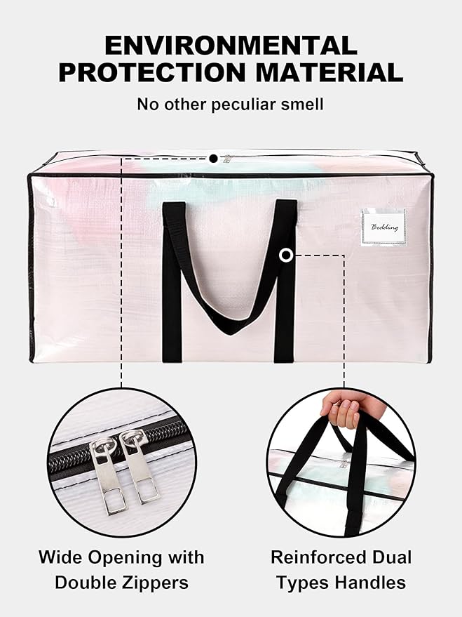 HOMESURE Supports 200lbs Heavy Duty Moving Bags - Strong Zipper & Wrap-Around Handles - Water-Resistant Storage Totes, Durable Alternative to Moving Boxes - 4 Pack - Semi-Transparent