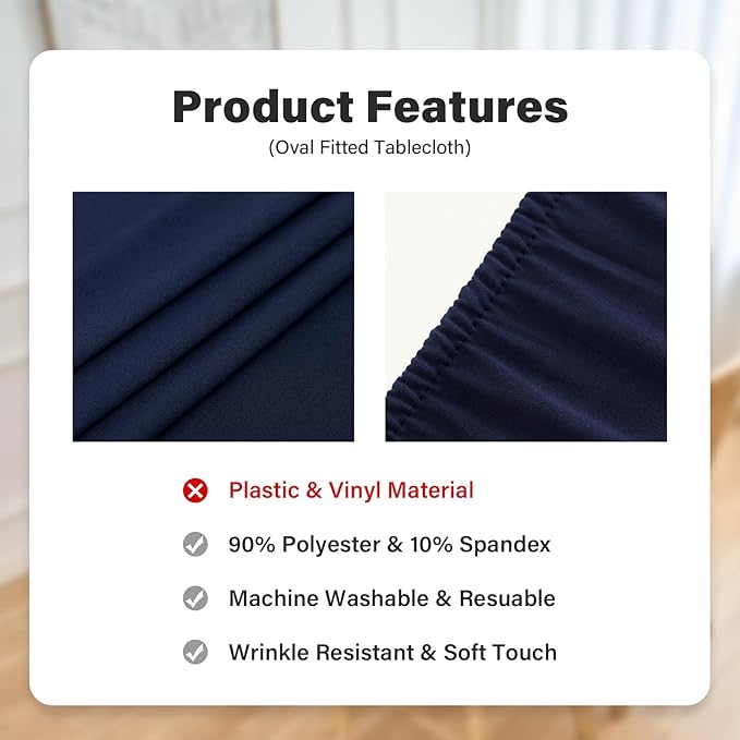 Fitted Oval Tablecloth 48 x 68 Inch Elastic Table Cloth, Stretch Spandex Table Cover Navy Washable Polyester Top Cap Cover for Dining Picnic Camping Indoor and Outdoor