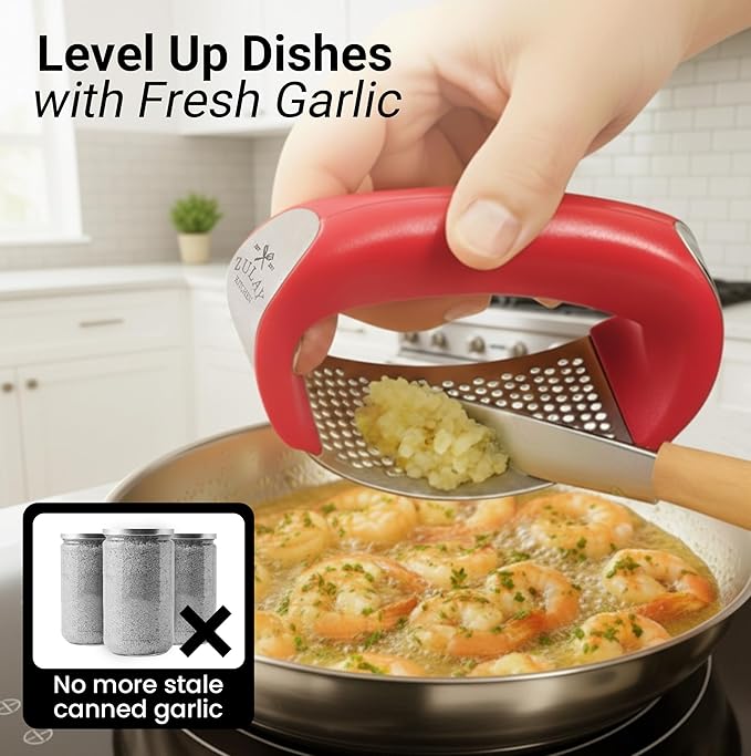 Zulay Kitchen Stainless Steel Garlic Press Rocker Set - Premium Garlic Mincer Garlic Crusher - New Innovative Garlic Crusher with Peeler and Scraper - Comfortable Grip (Red)
