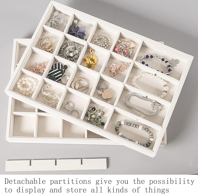 Coward 2PC Stackable 24 Grid Jewelry Organizer Tray Necklace Earring Box Storage Drawer Ring Bracelet Display Holder (beige(24grid+24grid))
