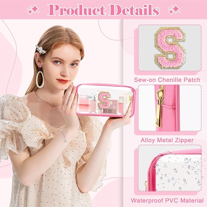 Personalized Initial Letter Clear Makeup Bag,Preppy Small Nylon&PVC Cosmetic Zipper Bag with Chenille Letter,Portable Beach Travel Skincare Toiletry Bag,Trendy Monogram Gift for Teen Girls Women,S