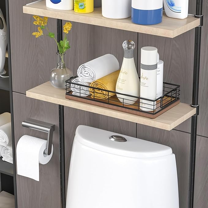 Acacia Toilet Paper Basket, 13 Inch Tank Tray Top of Toiletries Storage Organizer for Bathroom, Living Room and Kitchen (Acacia & Black)