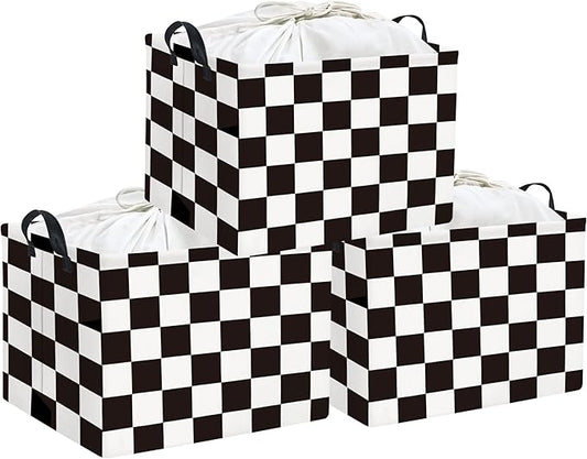 HIYAGON Rectangular Storage Bin Collapse Canvas Fabric Cartoon Storage Basket with Handles for Organizing Home Kitchen(Check)