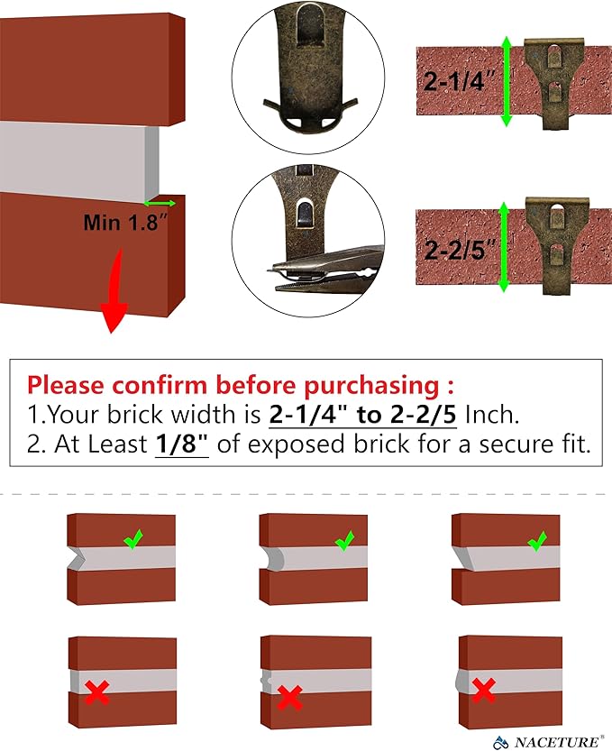 NACETURE Brick Hook Clips (8 Pack) – Designed for 2.25"–2.40" Standard Bricks – Requires ≥1/8" Mortar Recess – No-Drill Metal Brick Hangers for Indoor & Outdoor Décor