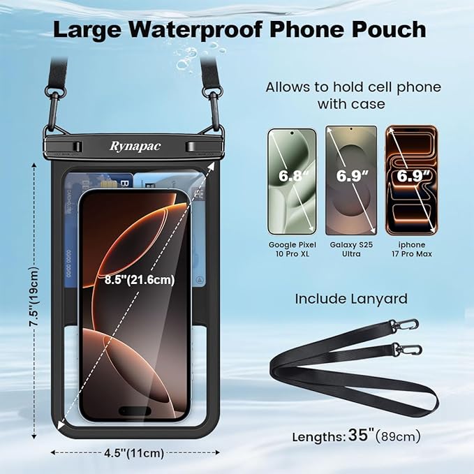 Waterproof Phone Pouch - 8.5in Waterproof Phone Case with Lanyard, IPX8 Cell Phone Dry Bag Beach Essentials for iPhone 17 16 15 Pro Max, Galaxy S25 S24 Ultra, 2 Pack