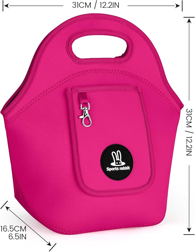 Sports Rabbit Insulated Neoprene Lunch Bag for Women – Foldable Lunch Tote with Front Pocket for Phone & Keys – Reusable, Lightweight, Waterproof, Easy Clean – Ideal for Work, Travel, Picnic(Rose Red)