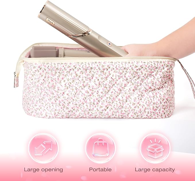 Quilted Hair Tool Travel Bag, Shark Flex Style Travel Case For Dyson Hair Dryer Airwrap Bag, Curling Iron Bags Quilted For Shark Dyson Revlon Organizer Accessories - Pink Floral