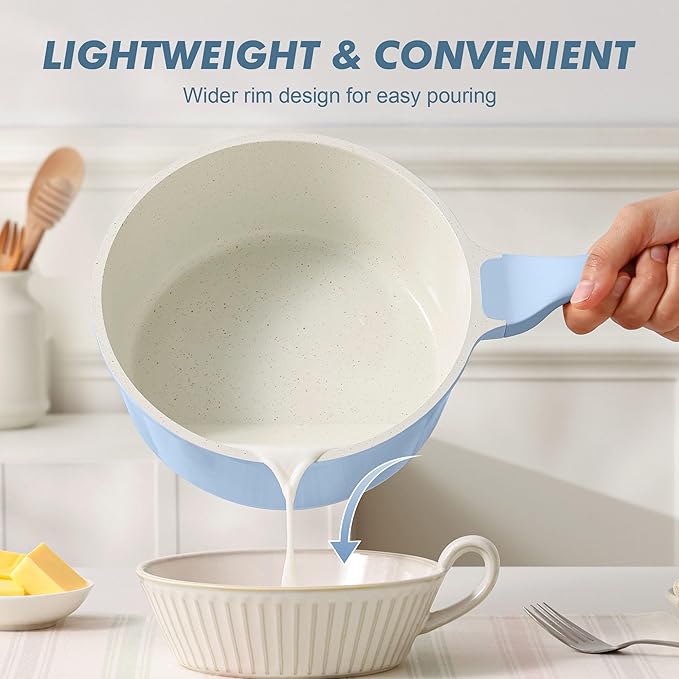 SENSARTE Ceramic Nonstick Saucepan with Lid 1.5 Quarts, Small Kitchen Cooking Pot with Stay Cool Handle, Induction Compatible, Ceramic Coating, Free of Intentionally Added PTFE/PFOA/PFAS, Blue