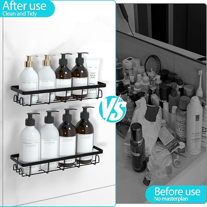 Shower Caddy Organizer with Hooks, Self-Adhesive Bathroom Shelves, No Drilling Bathroom Organizers and Storage, Perfect for RV, Apartment, Home Decor, 2 Pack Black
