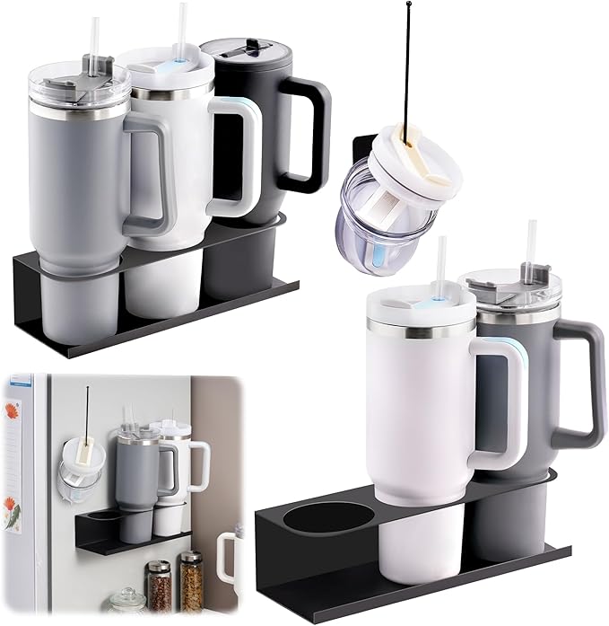 Black 2 Pack Magnetic Cup Holder with Lid Holder (1PC) Fridge for 30 & 40 oz Tumbler - Strong Fridge Mount - Water Bottle Organizer for Metal- No Drill Cup Accessories for Car, Kitchen, Office