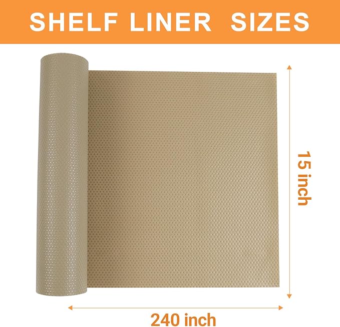 Shelf Liners for Kitchen Cabinets Waterproof - 15 Inch x 20 FT Easy to Clean Drawer Liner - Non-Adhesive Cupboard Mat for Pantry Shelves Khaki