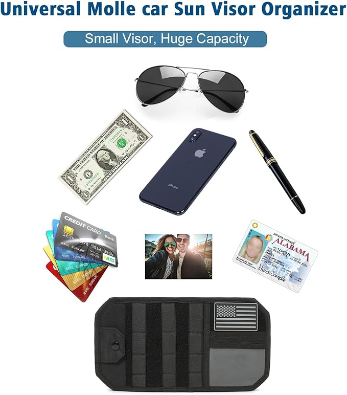 Upgraded Molle Car Sun Visor Organizer, Semi-Rigid MOLLE Panel No Sagging with Zipper Storage Pouch & Glasses Clip, Tactical Gear for Trucks SUVs Cars - Universal Fit