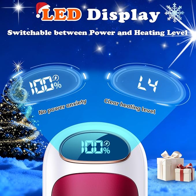 Rechargeable Hand Warmer 2 Pack, LED Display & 4 Levels, Ultrathin Electric Hand Warmers Portable USB Pocket Heater Fits Gloves for Hunting Essentials, Camping, Raynauds, Gifts for Christmas