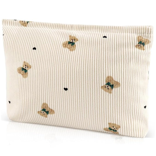 ZLFSQR Corduroy Makeup Bag for Women Small Corduroy Cosmetic Bag Large Cute Bear Travel Makeup Pouch for Purse White Cloth Cosmetic Pouch Zipper Storage Organizer Canvas Toiletry Bags