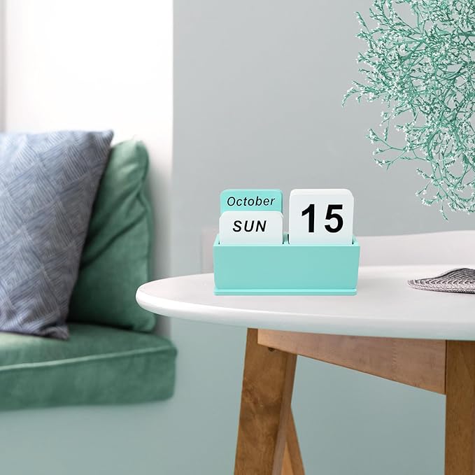 Wooden Block Perpetual Calendar for Desk, Daily Desktop Standing Flip Calendar with Large Display, Modern Farmhouse Aesthetic Desk Accessories for Home Office Decor, Reusable Yearly, Green