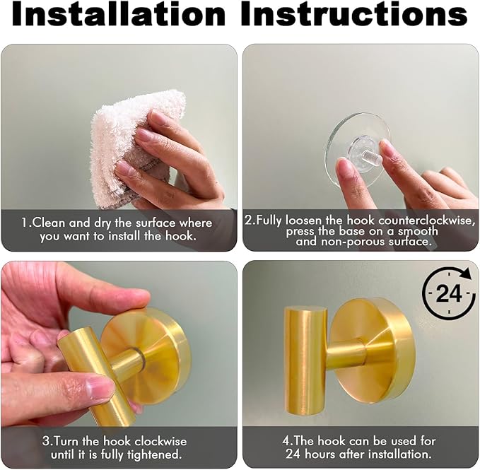 20 PCS Suction Cup Shower Towel Hooks, Wall Mount Robe Holder, Heavy Duty No Drill Wall SUS304 Waterproof Stainless Steel Hooks for Bedroom, Bathroom, Kitchen, Hotel and Office (Brushed Golden)