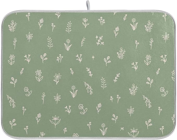 Sage Green Dish Drying Mat Quick Absorbent 18x24 Doodled Botany Flowers Leaves Herbs Plants Kitchen Drying Mat for Countertop Sink Reusable Dishes Mats Kitchen Essentials