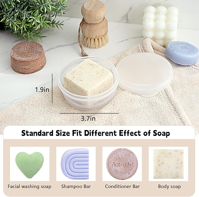 Travel Soap Container 1 Pack, Round Soap Case with Cover, Portable Bar Soap Holder, Leakproof Shampoo Bar Holder with Drainage Tray for Shower, Bathroom, Travel, Camp (Transparent White)