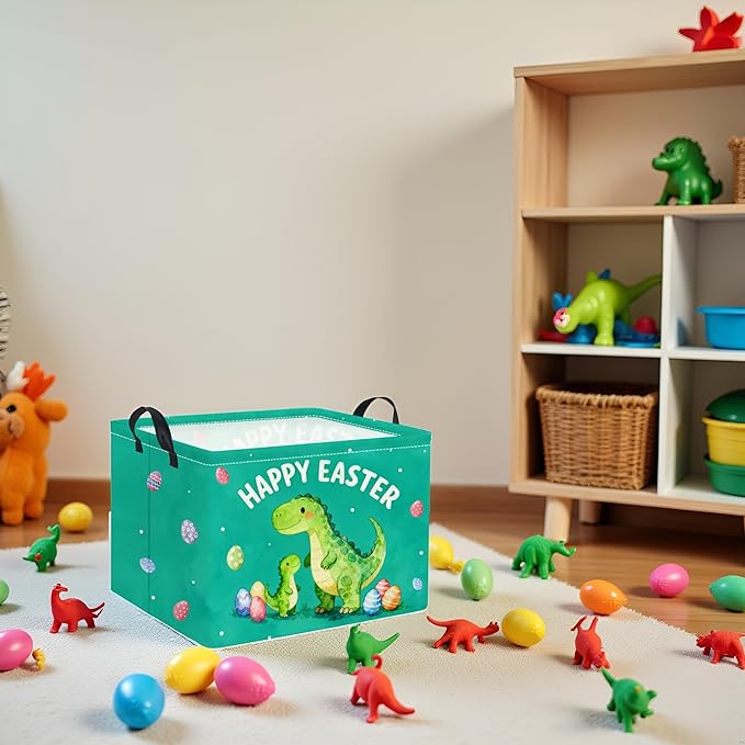 Rectangular Easter Basket Baby Storage Basket with Handles for Home Kitchen Boys and Girls Cute Storage Bin Organizer Shelf Book Room Decor(Green Dinosaur)