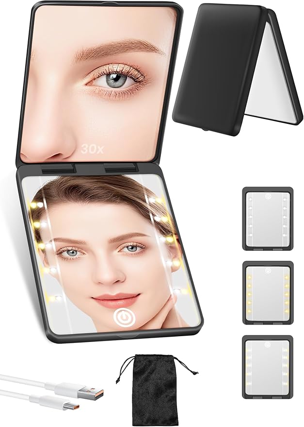 Compact Mirror, Rechargeable 30X Magnifying Mirror with 3 Lighting Modes & Dimmable Brightness, Portable Travel Makeup Mirror with Light, Essentials for Travel, Pocket, Purse, Gifts for Women Black