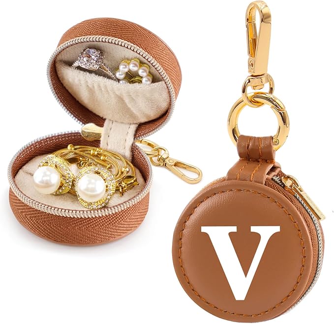 Mini Initial Travel Jewelry Case Ring Holder, Brown Faux Leather Small Jewelry Organizer Box Gifts for Women Girls Nurse Teacher, Gym Travel Accessories Keychain Pouch for Earrings Rings Necklace V
