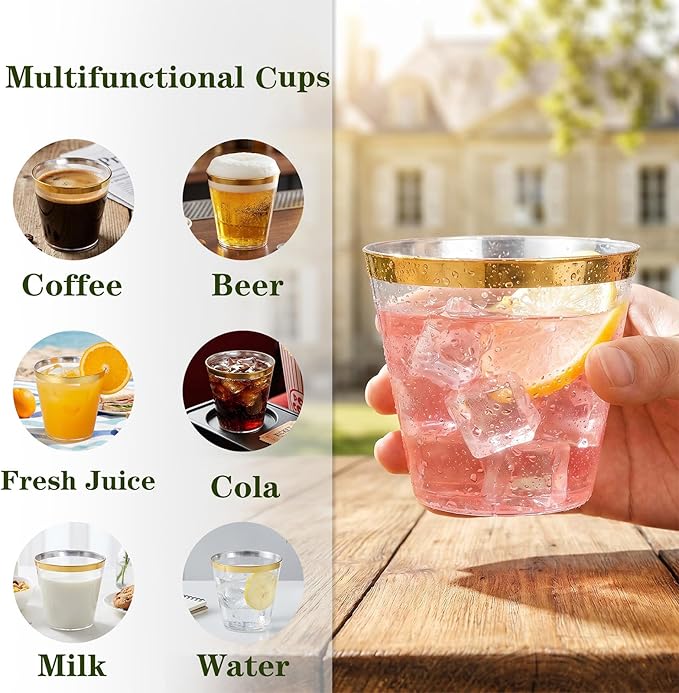 I00000 200 Pack Gold Plastic Cups, 9 Oz Elegant Clear Plastic Cups Gold Rimmed Disposable Wine Glasses Fancy Disposable Party Cup Wedding Cup Drinking Tumblers Cocktail Glasses Perfect for Party