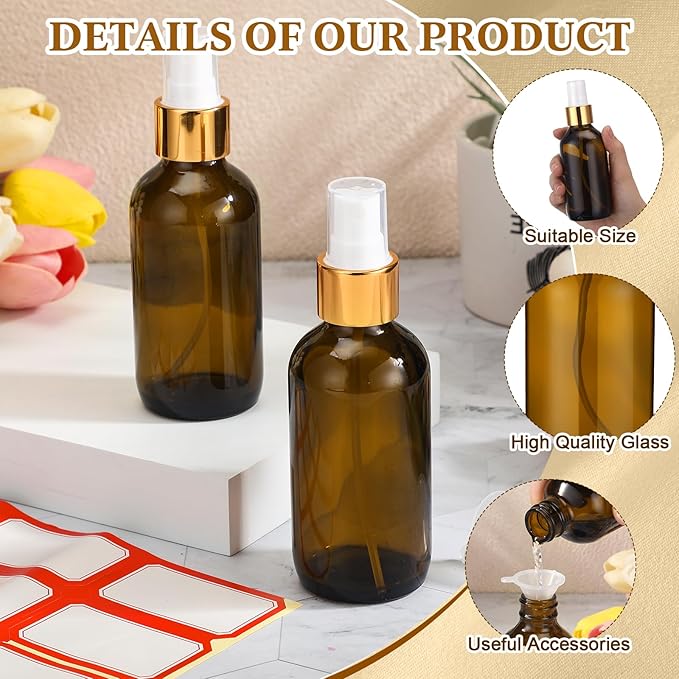 Fumete 2 Pack Glass Bottles 4oz Empty Refillable Liquid Containers with 1 Label 1 Funnel for Essential Oils Hair Travel Plants Cleaning Skin Care(Amber, Golden Top,Mist Bottle)