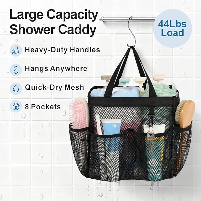 F-color Mesh Shower Caddy Portable - 2 Handles Upgrade Deeper 7 Pockets Basket Bag Tote for College Dorm Room Toiletry Bathroom Essentials Gym Camp Quick Dry with S Hook, 2 Pack, Black & Blue