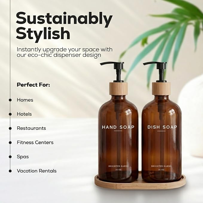 Amber Glass Hand and Dish Soap Dispenser Set by Brighter Barns - Kitchen Soap Dispenser Set with Tray - Bamboo Pump Bottles for Kitchen Sink - Modern Home Decor, Neutral Decor for Airbnb, Gift (Amber)