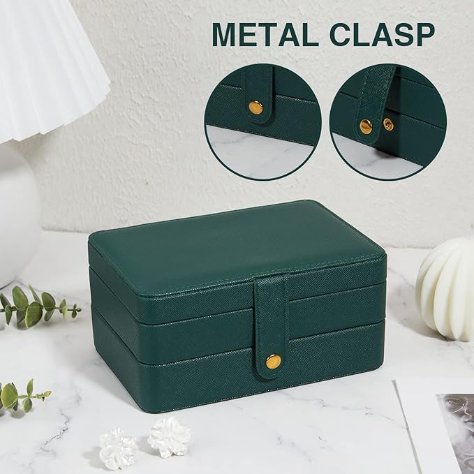 Jewelry Box for Women and Girls, PU Leather Made Jewelry Organizer, 3 Layers Jewelry Storage for Rings, Earings, Necklaces, Bracelets, Valentines Day Gifts (Green+Small)