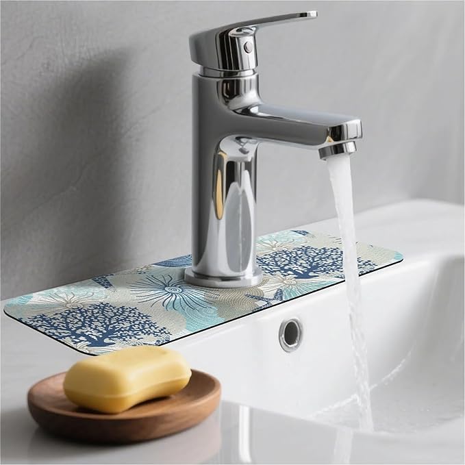 Kitchen Sink Splash Guard, Cute Corals and Seashells Faucet Mat Sink Gadgets - Super Absorbent Fast Drying Mat Drip Catcher for Kitchen, Bathroom, Sink Mat, Dish Drying Mat, Bathroom (15" X 5.5")